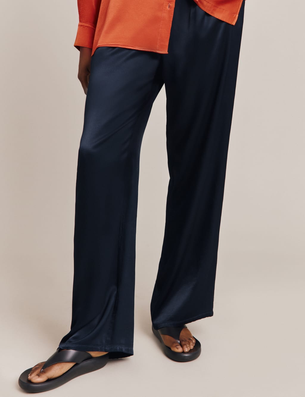 Orange Satin Drawstring Waist Wide Leg Pants