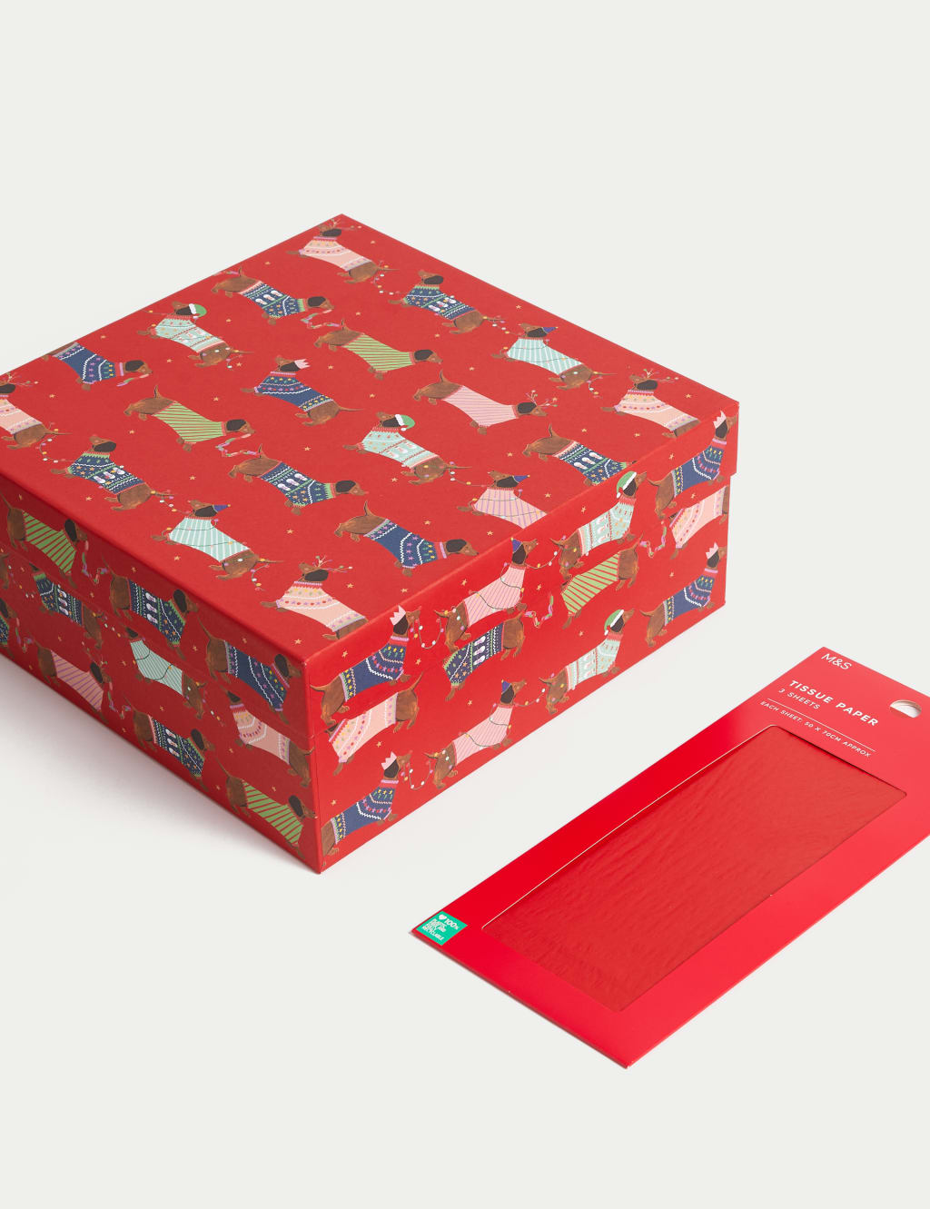 Sausage Dog Christmas Gift Box & Red Tissue Paper Pack M&S