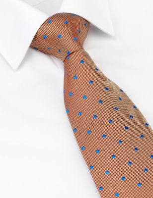 Savile Row Inspired Made In England Pure Silk Contrast Spotted Embroidered Tie Image 1 of 1