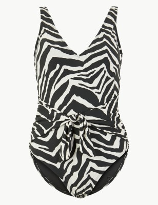 Monochrome Zebra Print Wrap Waist Plunge Swimsuit