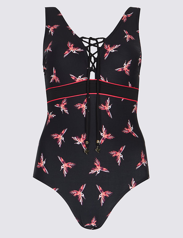 SS36 Ex Marks and Spencer Secret Slimming™ Bird Print Lace-up Swimsuit 
