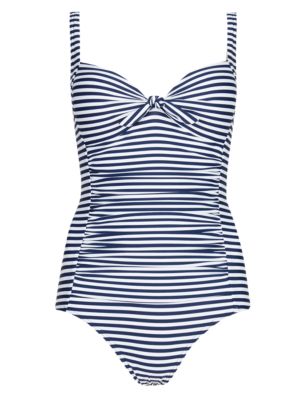 Secret Slimming™ Bow Front Striped Ruched Plunge Swimsuit | M&S ...