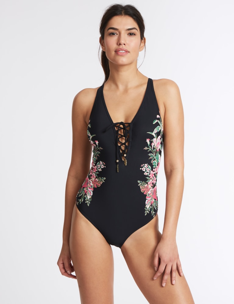 Secret Slimming Lace Up Printed Swimsuit