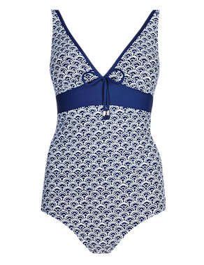 Secret Slimming™ Longer Length Spotted Scallop Print Plunge Swimsuit Image 2 of 4