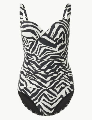 Monochrome Zebra Print Wrap Waist Plunge Swimsuit