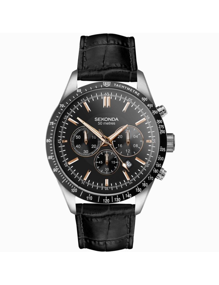 Sekonda Black Leather Chronograph Watch 1 of 6