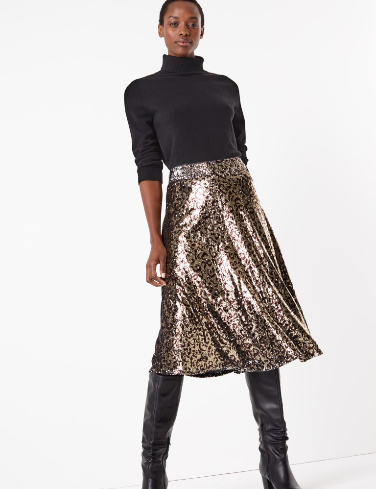 Sequin Animal Print Slip Midi Skirt | M&S Collection | M&S