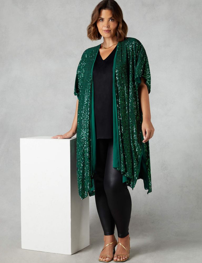 Sequin Collarless Relaxed Longline Kimono 1 of 5