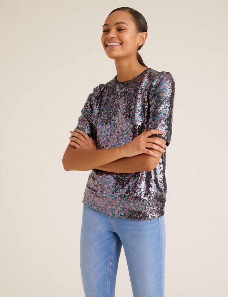 Sequin Crew Neck Short Sleeve Top | M&S Collection | M&S