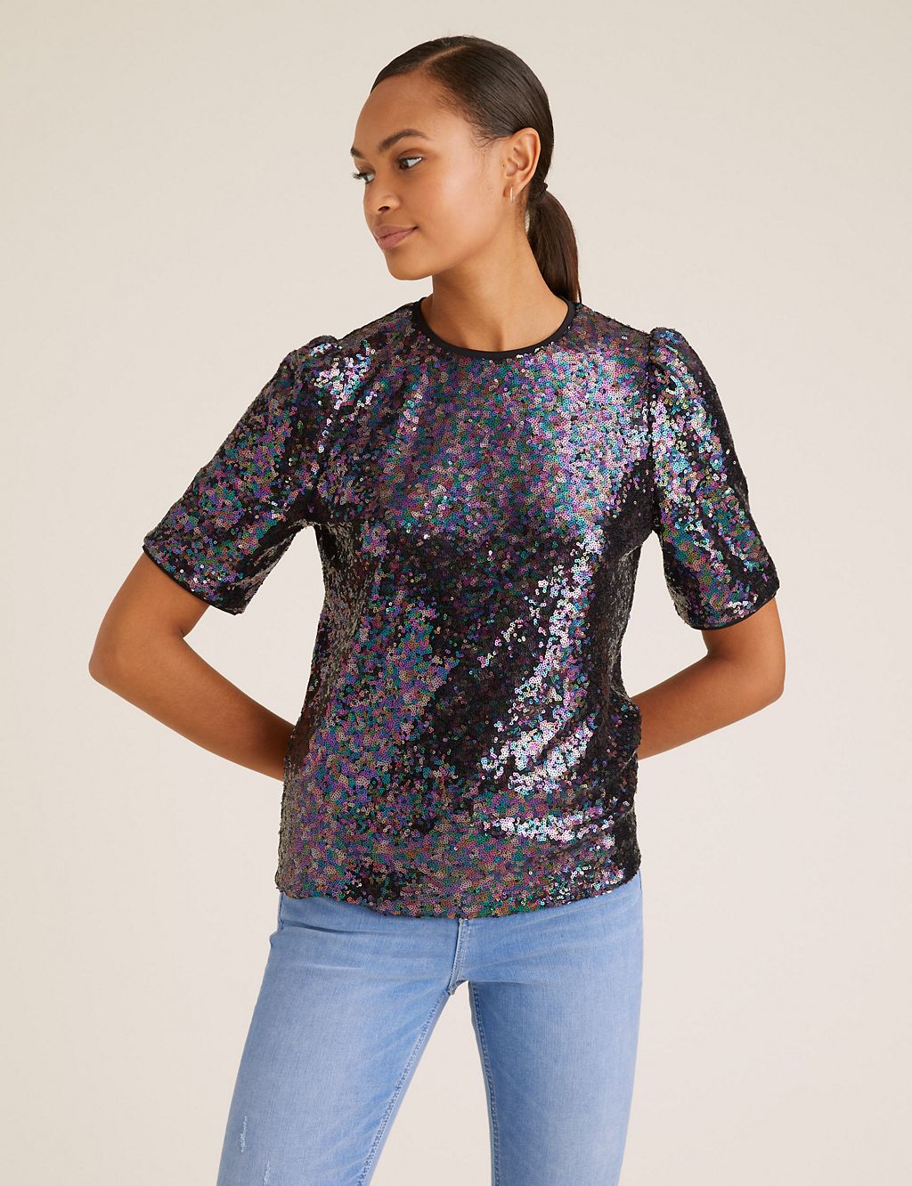 Sequin Crew Neck Short Sleeve Top | M&S Collection | M&S