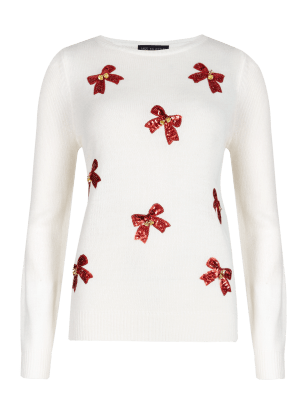 White christmas jumper 2025 with red sequin bow