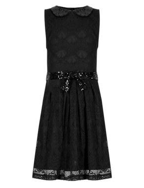 Sequin Embellished Floral Lace Dress with Belt (5-14 Years) Image 2 of 3