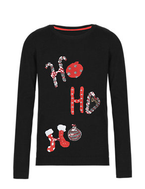 Sequin Embellished Ho Ho Ho Jumper with Wool (5-14 Years) Image 2 of 5