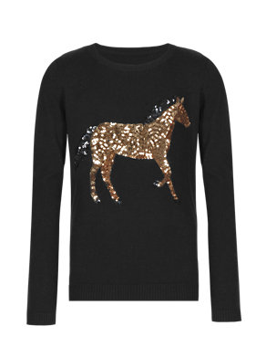 Sequin Embellished Horse Jumper with Wool (5-14 Years) Image 2 of 5