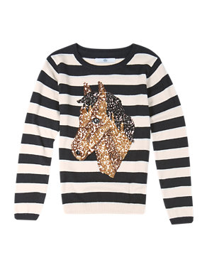 Sequin Embellished Horse Striped Jumper with Wool (5-14 Years) Image 2 of 3
