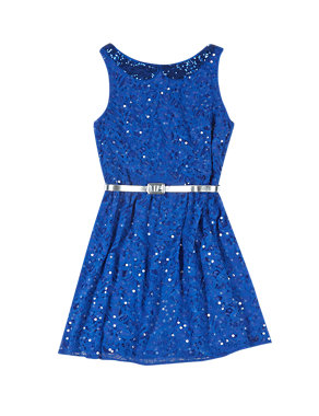 Sequin Embellished Lace Dress with Belt (5-14 Years) Image 2 of 3
