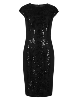 Sequin Embellished Lace Panel Bodycon Dress Image 2 of 4