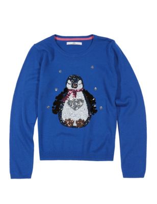 Sequin Embellished Penguin Christmas Jumper with Wool (5-14 Years) Image 2 of 3