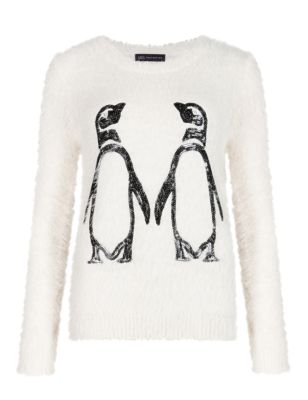 Sequin Embellished Penguin Fluffy Christmas Jumper Image 2 of 4