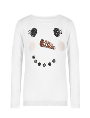 Sequin Embellished Snowman Jumper with Wool (5-14 Years) Image 2 of 5