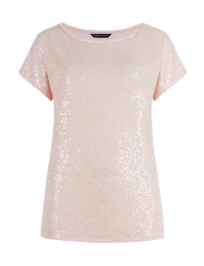 Sequin Embellished T-Shirt with Linen Image 2 of 4