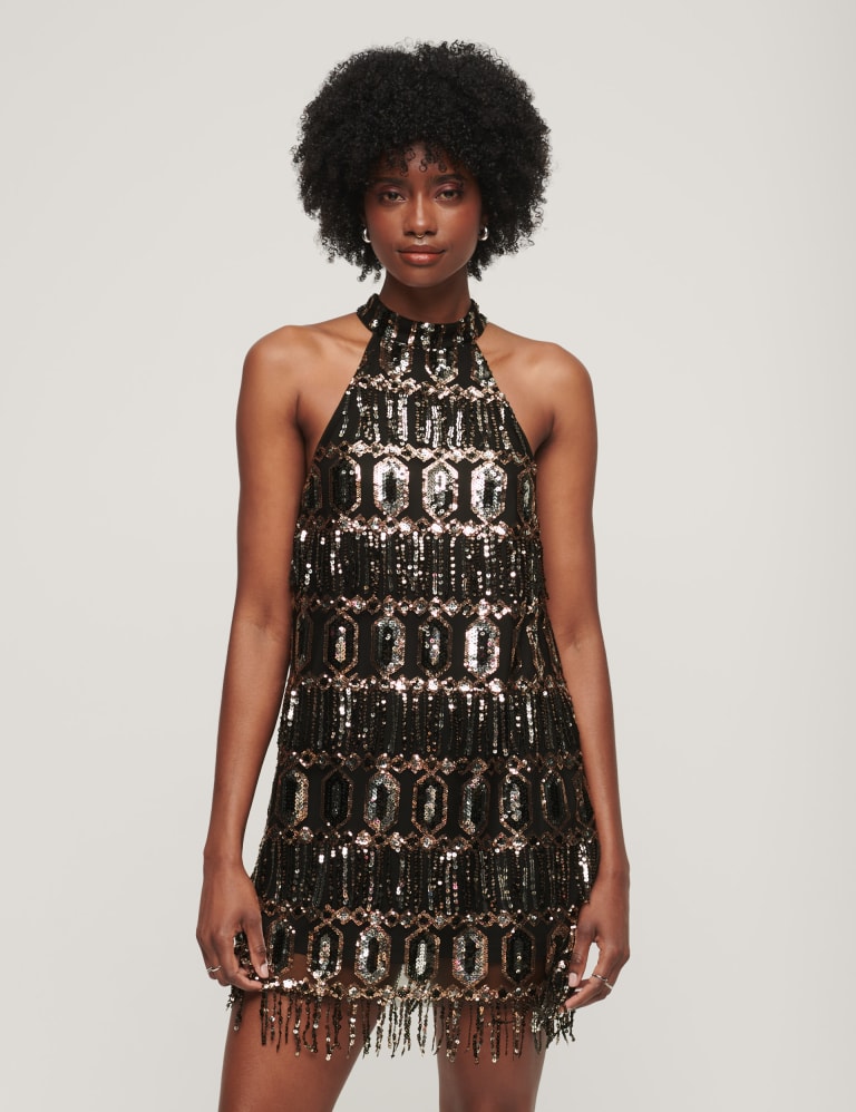 Sequin Halter Neck Mini Shift Dress Superdry M S