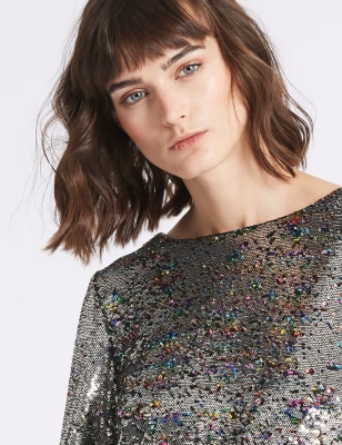 Sequin long best sale sleeve shift dress