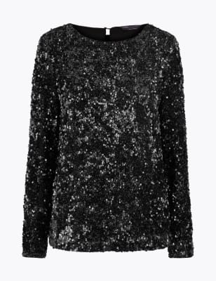 black sequin long sleeve top