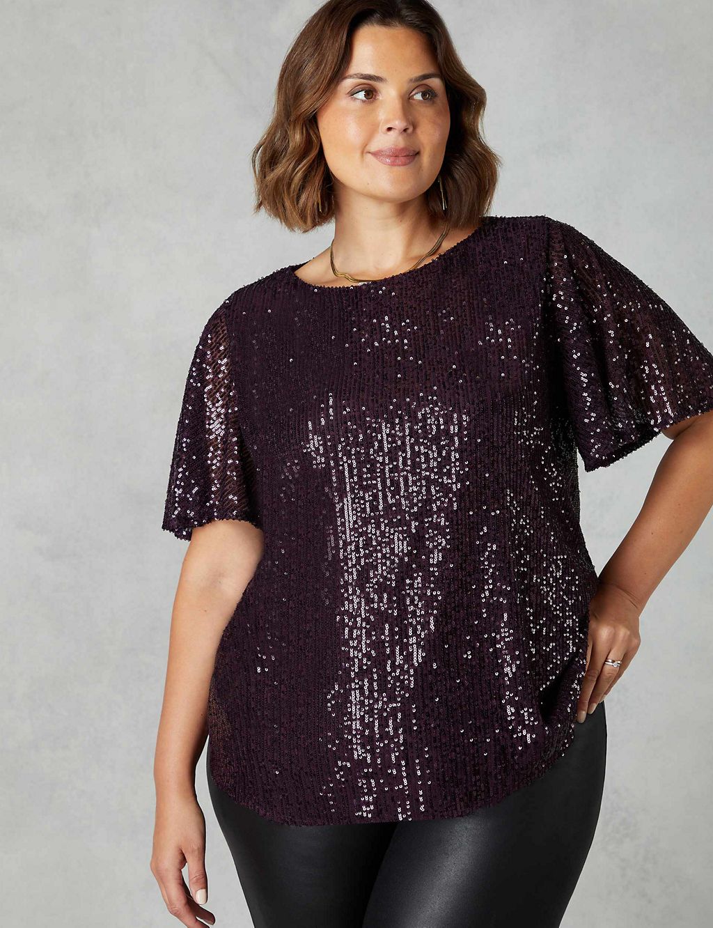Sequin Round Neck Relaxed Angel Sleeve Top 3 of 4
