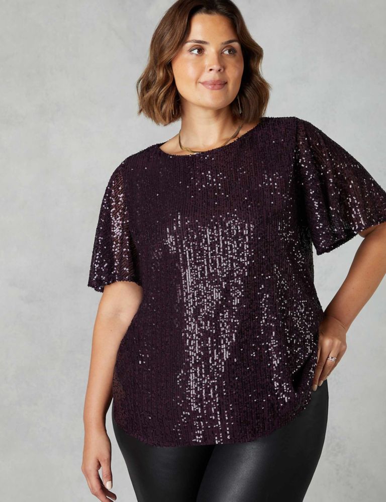 Sequin Round Neck Relaxed Angel Sleeve Top 1 of 4