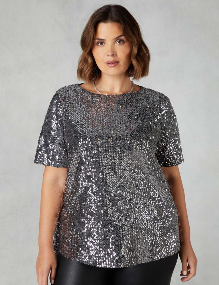 Sequin Round Neck Relaxed Angel Sleeve Top | Live Unlimited London | M&S
