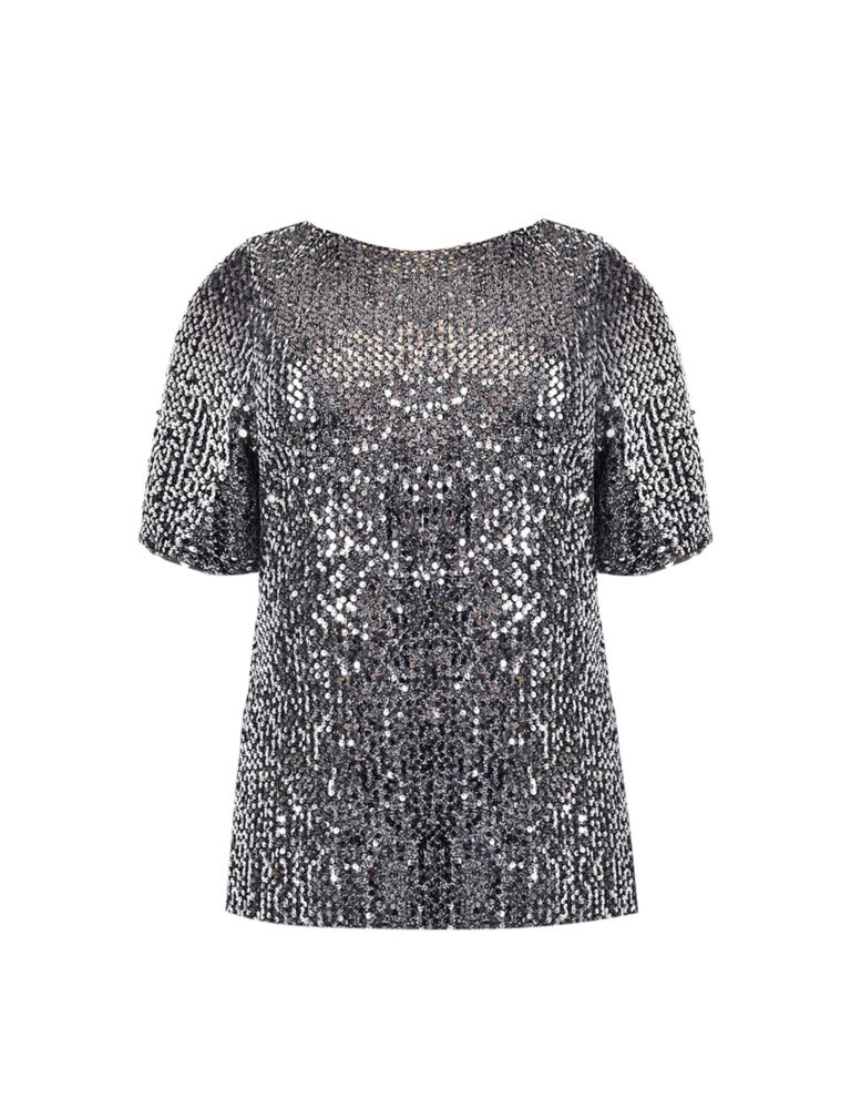 Sequin Round Neck Relaxed Angel Sleeve Top 2 of 4