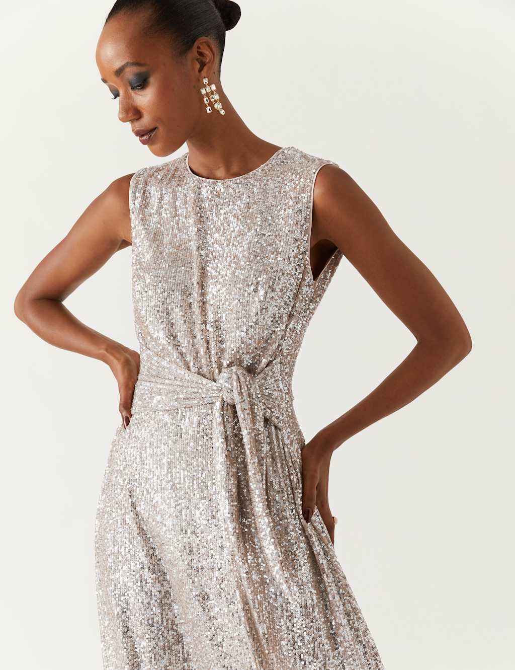 Sequin Round Neck Tie Front Midi Tea Dress 1 of 8