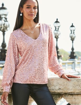 Sequin V-Neck Blouson Sleeve Top | SOSANDAR | Mu0026S