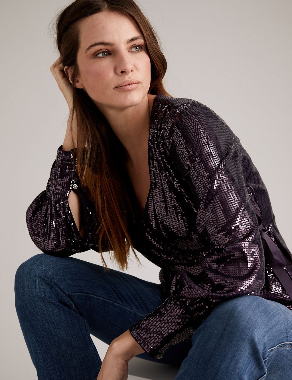 Sequin V Neck Long Sleeve Wrap Top 3 of 6