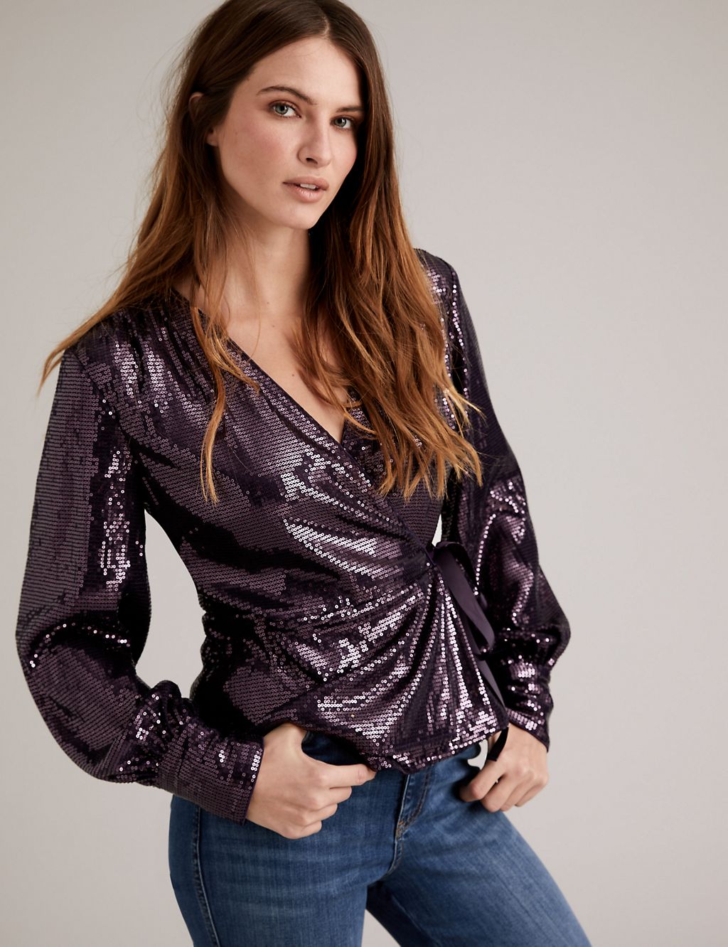 Sequin V Neck Long Sleeve Wrap Top 2 of 6