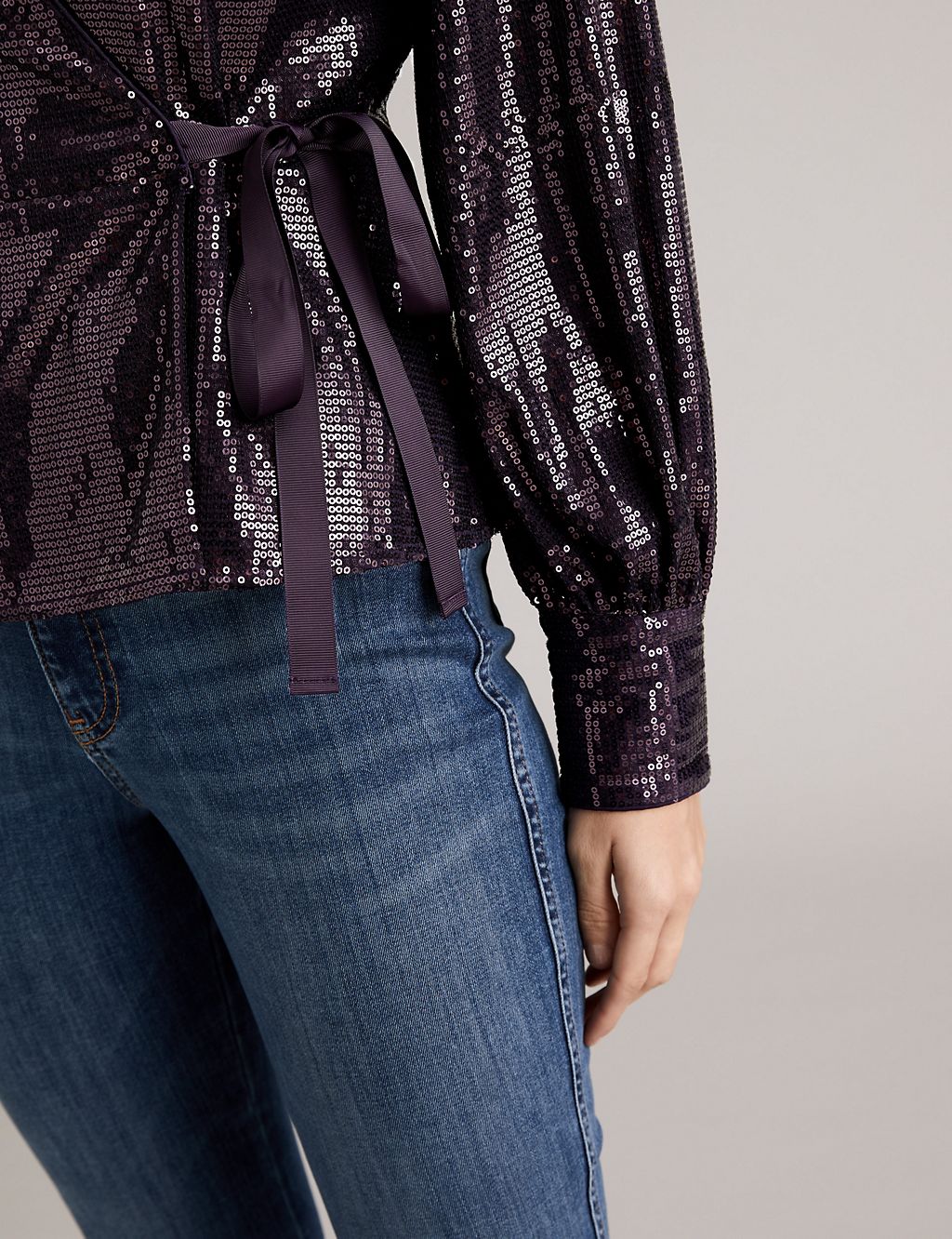 Sequin V Neck Long Sleeve Wrap Top 5 of 6