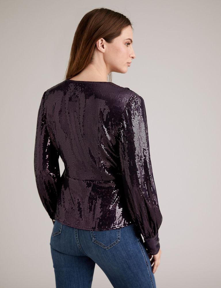 Sequin V Neck Long Sleeve Wrap Top 6 of 6