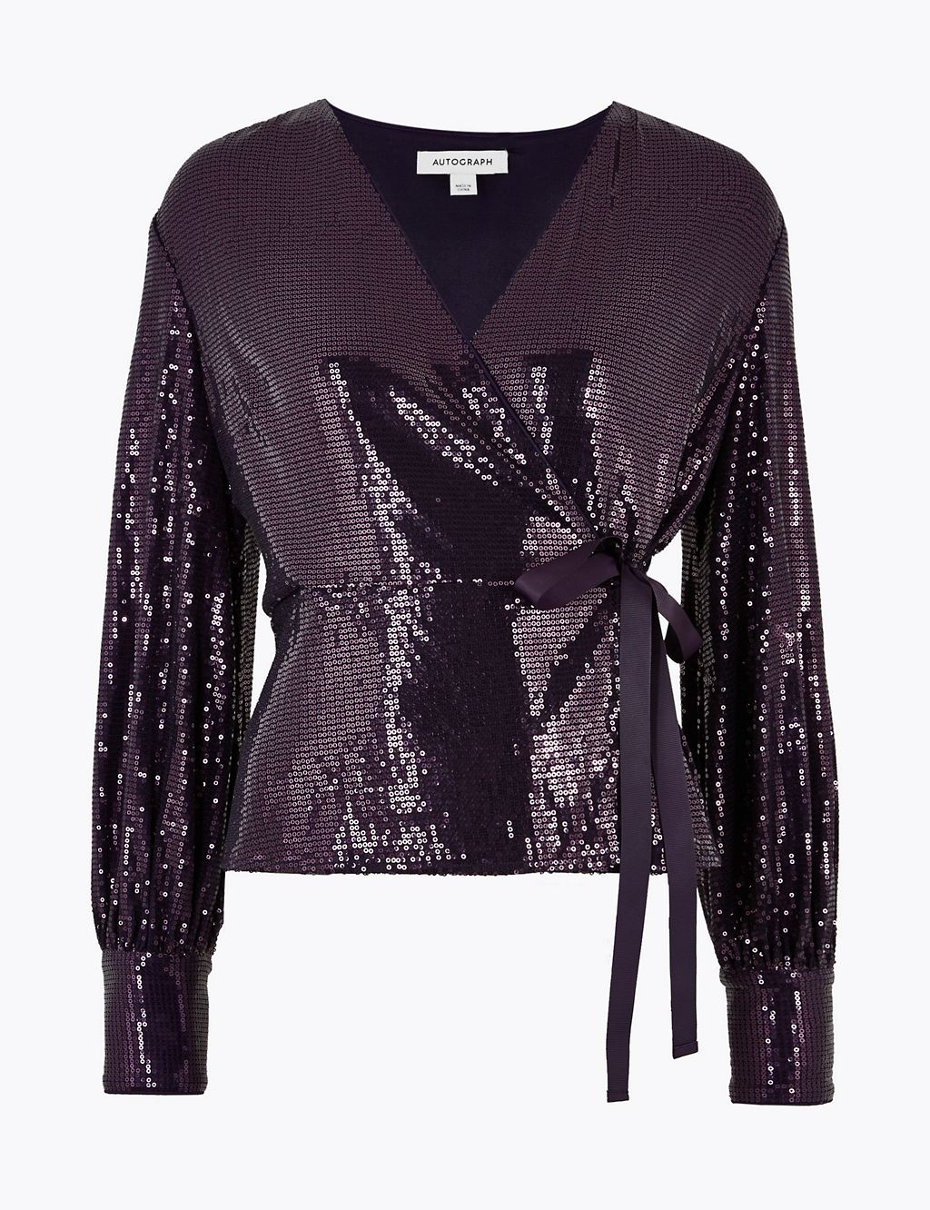 Sequin V Neck Long Sleeve Wrap Top 1 of 6