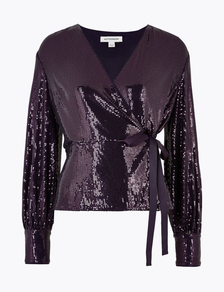Sequin V Neck Long Sleeve Wrap Top 2 of 6