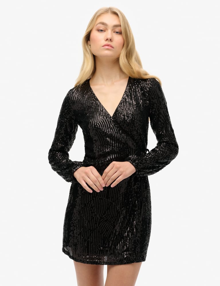 Sequin V-Neck Mini Wrap Dress 1 of 6