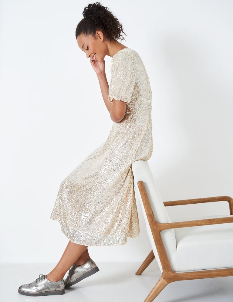 Sequin V Neck Puff Sleeve Midi Skater Dress Crew Clothing M S