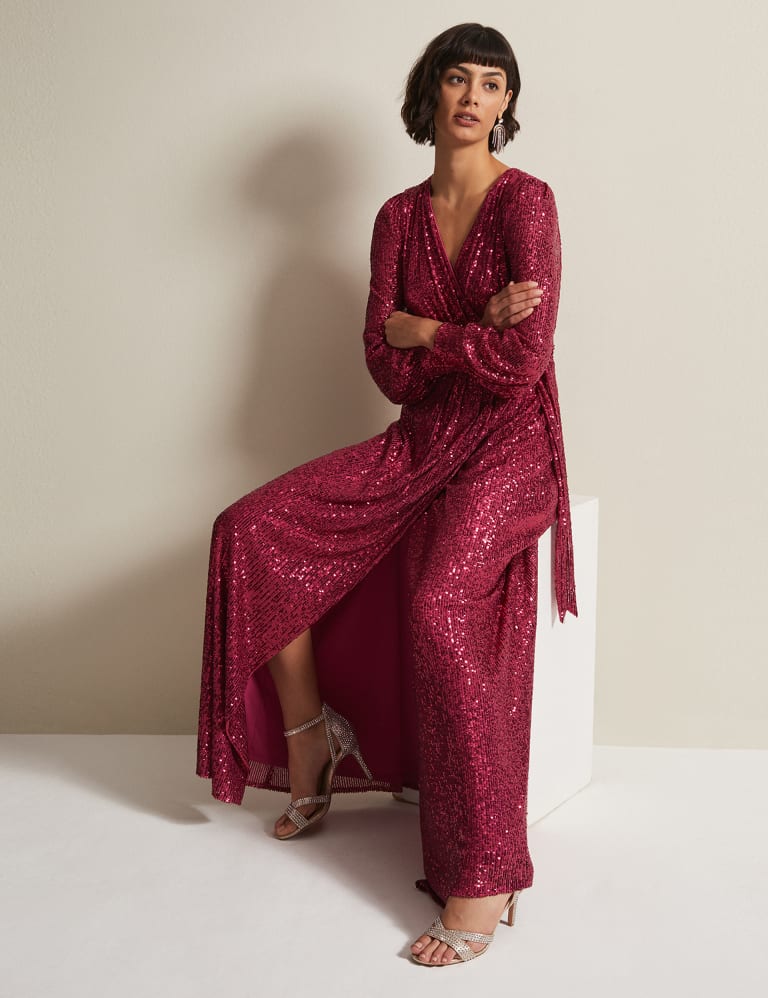 Sequin V Neck Tie Waist Maxi Wrap Dress Phase Eight M S