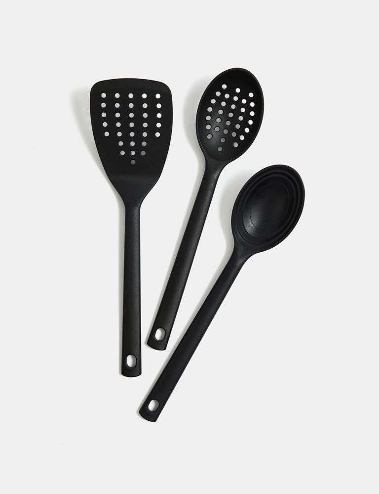 This five piece black OXO kitchen utensil set has everything you need,  including a pasta spoon, two
