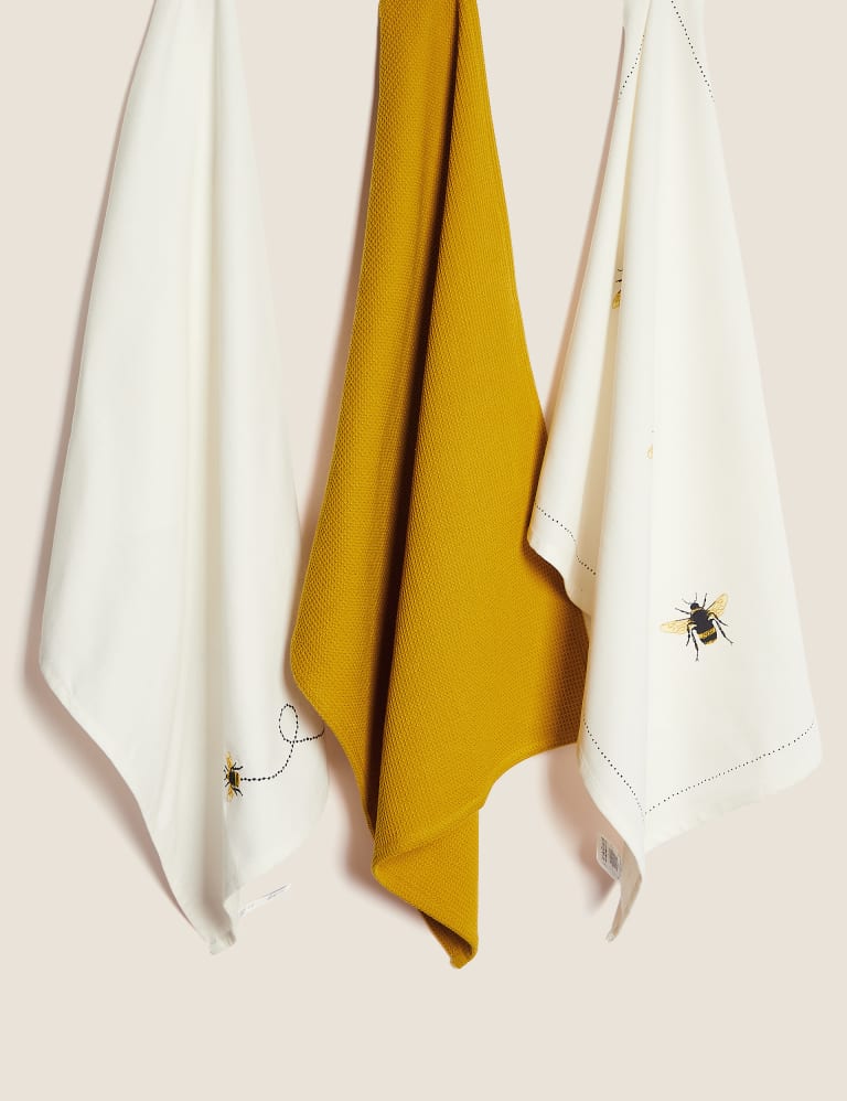 Set of 3 Pure Cotton Bee Tea Towels M S Collection M S