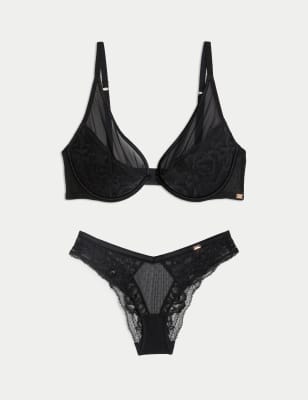 Sheer and Lace Beau Wired Plunge Bra Set A-E