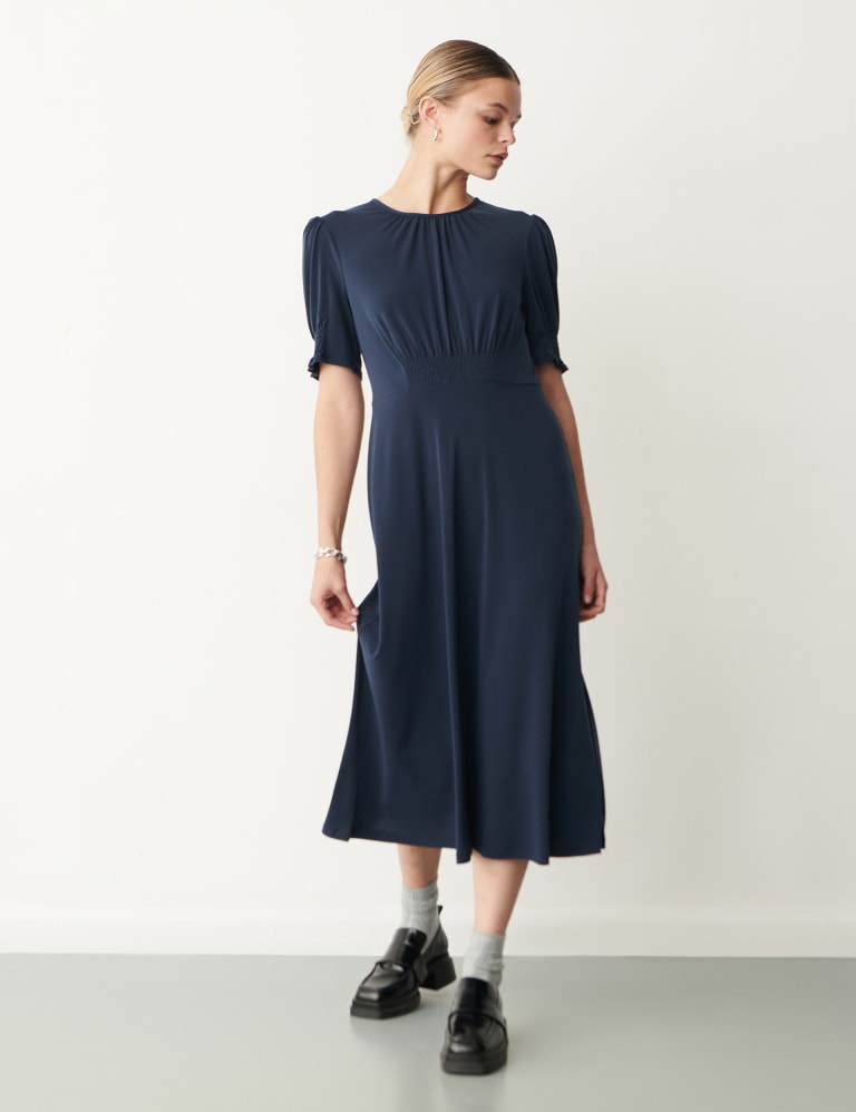 Shirred Puff Sleeve Midi Waisted Dress Finery London M S