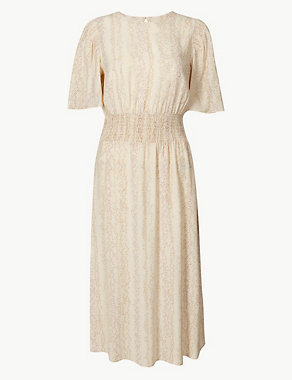 Shirred Shoulder Waisted Midi Dress Image 2 of 4