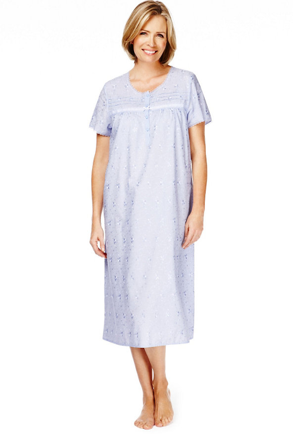 Short Sleeve Floral Embroidered Pintuck Nightdress Image 1 of 1