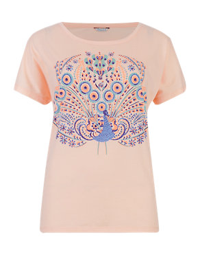 Short Sleeve Peacock Print T-Shirt Image 2 of 3